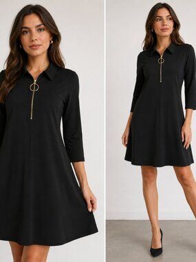 MSK Black Collared Dress | Gold O-Ring Zip Front | Size M | Like New